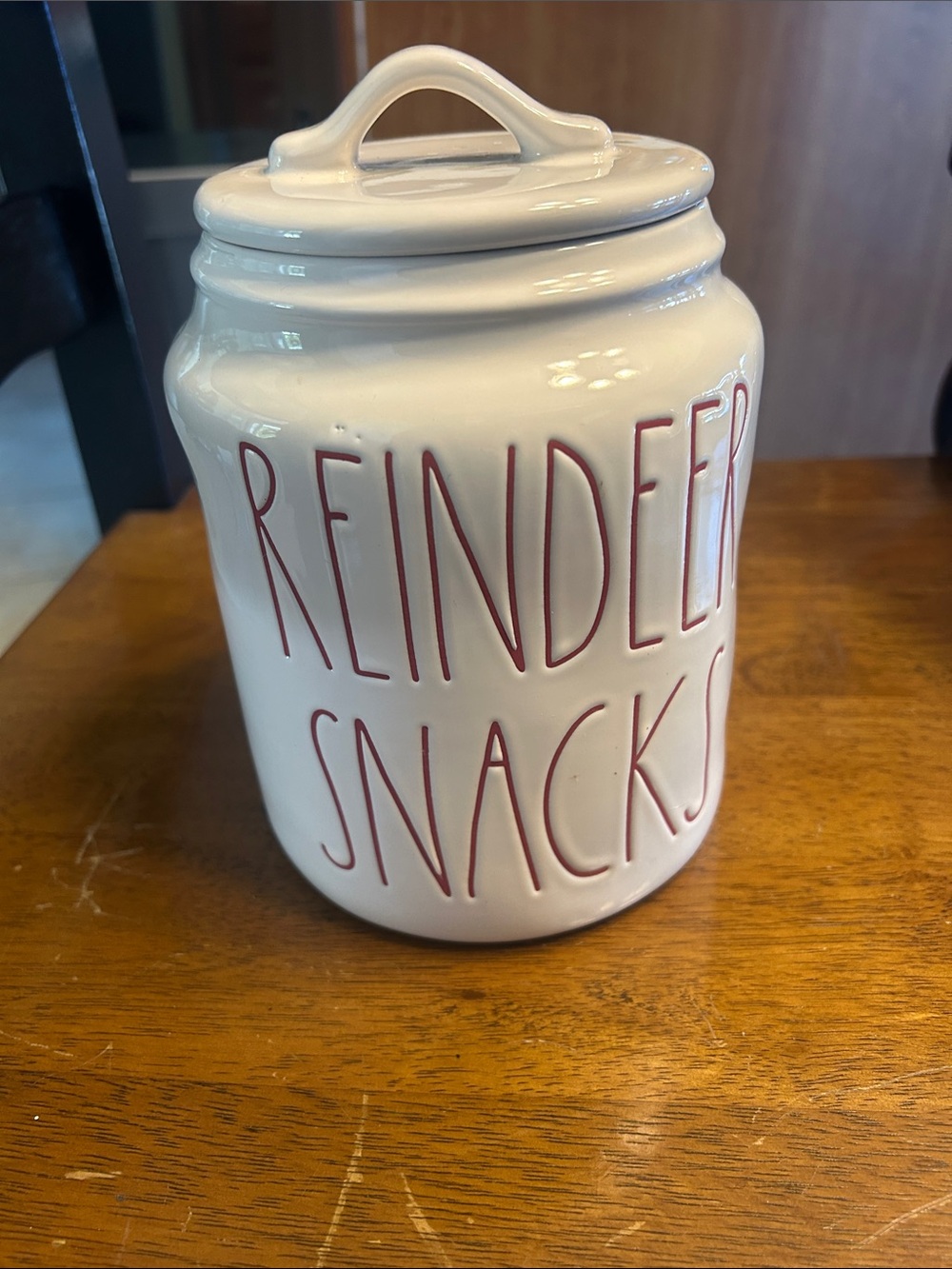 Rae Dunn White Ceramic Canister with Red Lettering - 'Reindeer Snacks'